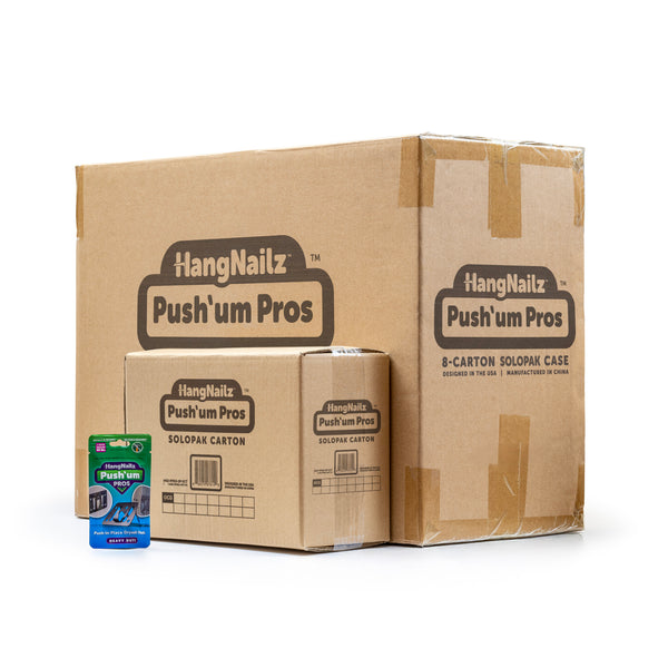 HangNailz™ Push'um Pros, Patented Push-In-Place Heavy Duty Drywall Hooks—SoloPak, 100-Count, 8-Carton Case